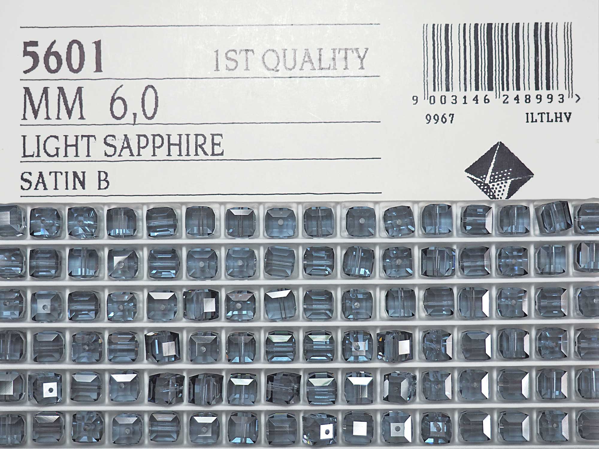 Swarovski Art.# 5601 - 6mm Light Sapphire Satin coated Crystal Cube Beads, 12pcs