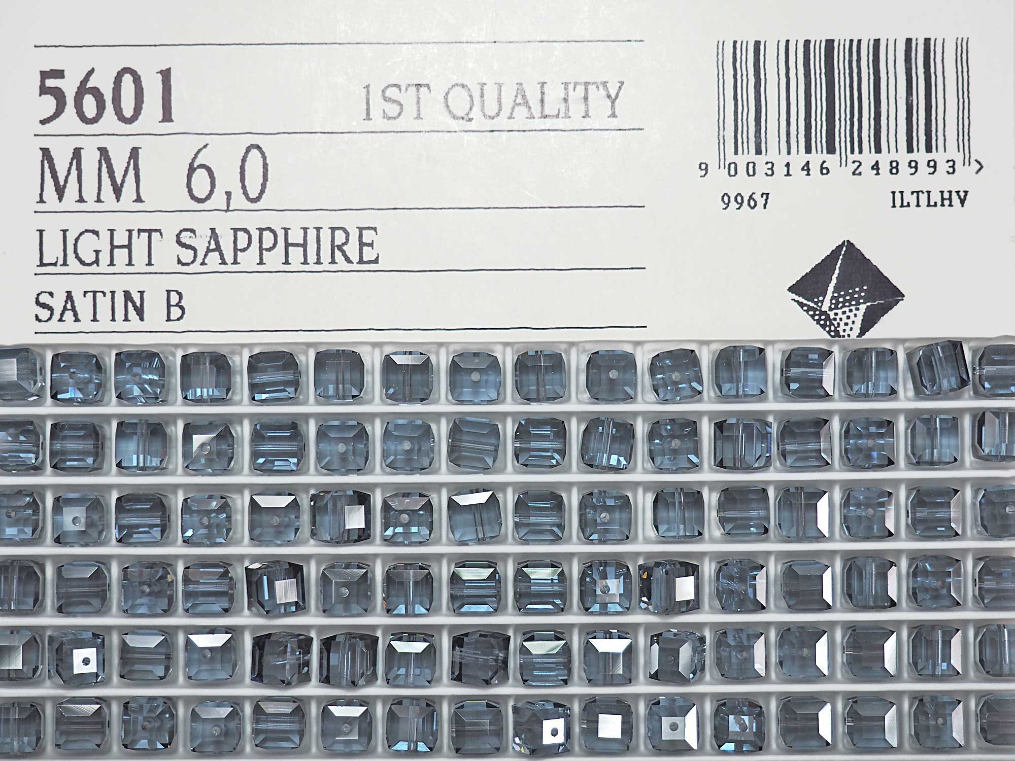 Swarovski Art.# 5601 - 6mm Light Sapphire Satin coated Crystal Cube Beads, 12pcs
