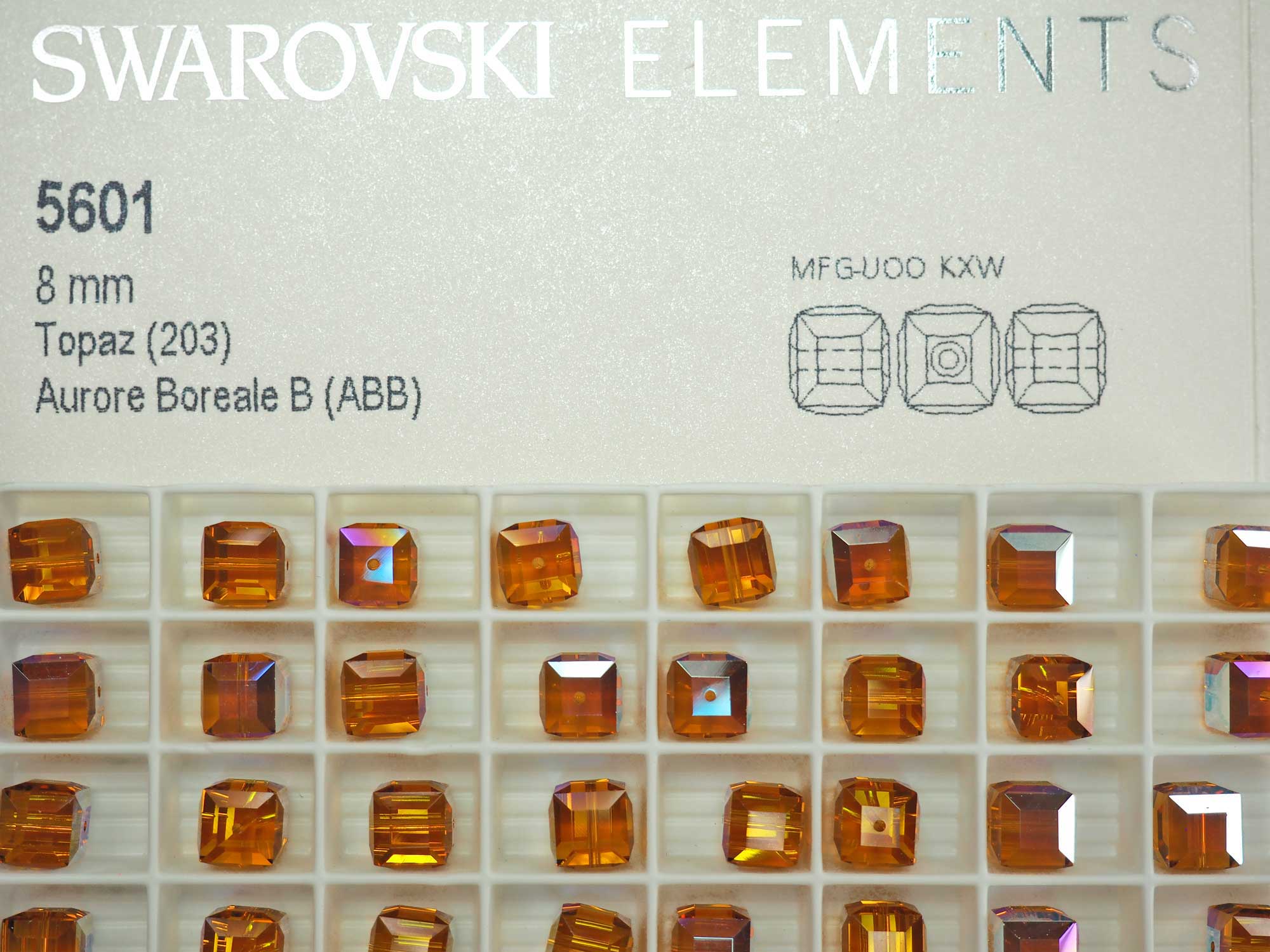 Swarovski Art.# 5601 - 8mm Topaz AB coated Crystal Cube Beads, 12pcs