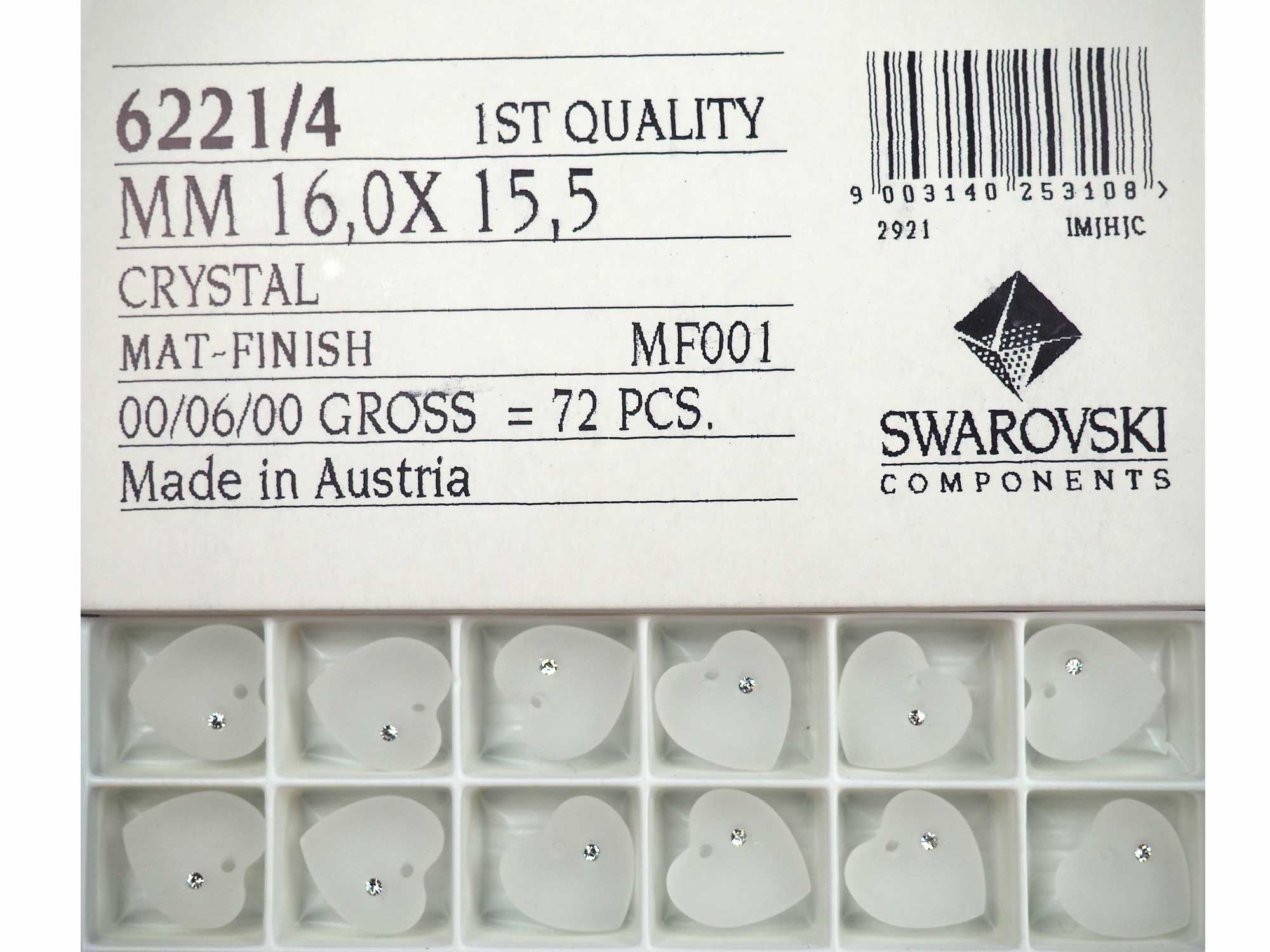 Swarovski Art.# 62215 - 16x15.5mm Crystal MAT, Swarovski Heart Pendants #6221/5 with Crystal Rhinestone, 4 pieces