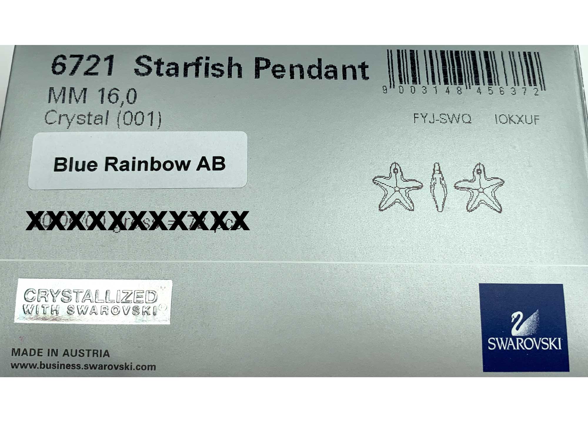 Swarovski Art.# 6721 - Swarovski Starfish Pendant in 16mm Crystal Blue Rainbow AB custom coated