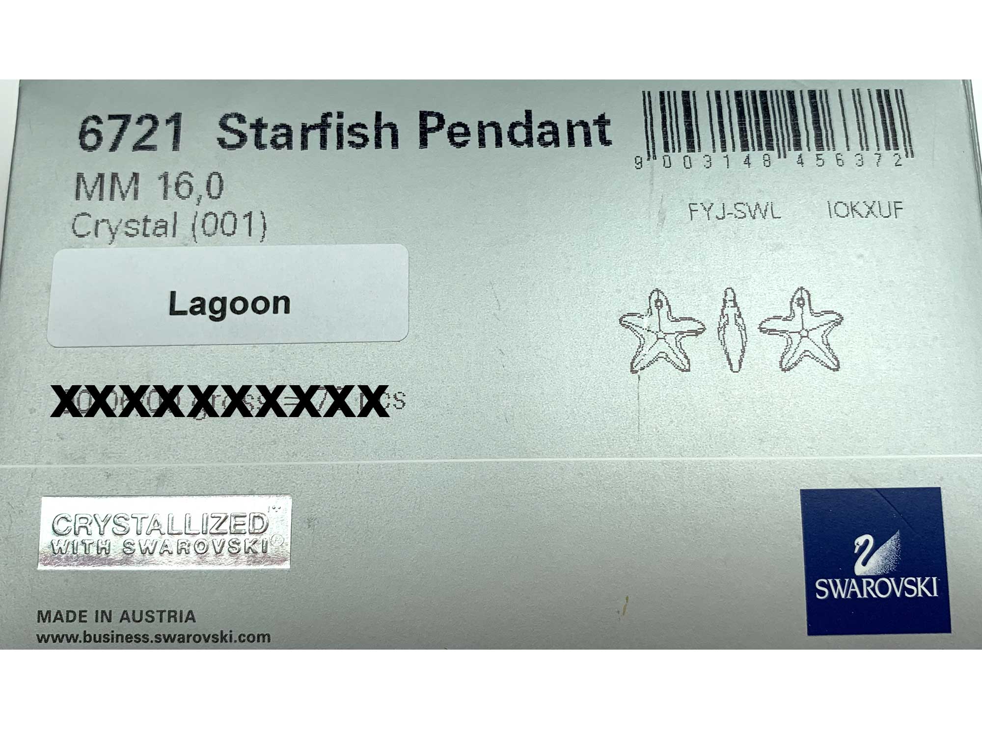 Swarovski Art.# 6721 - Swarovski Starfish Pendant in 16mm Crystal Lagoon custom coated