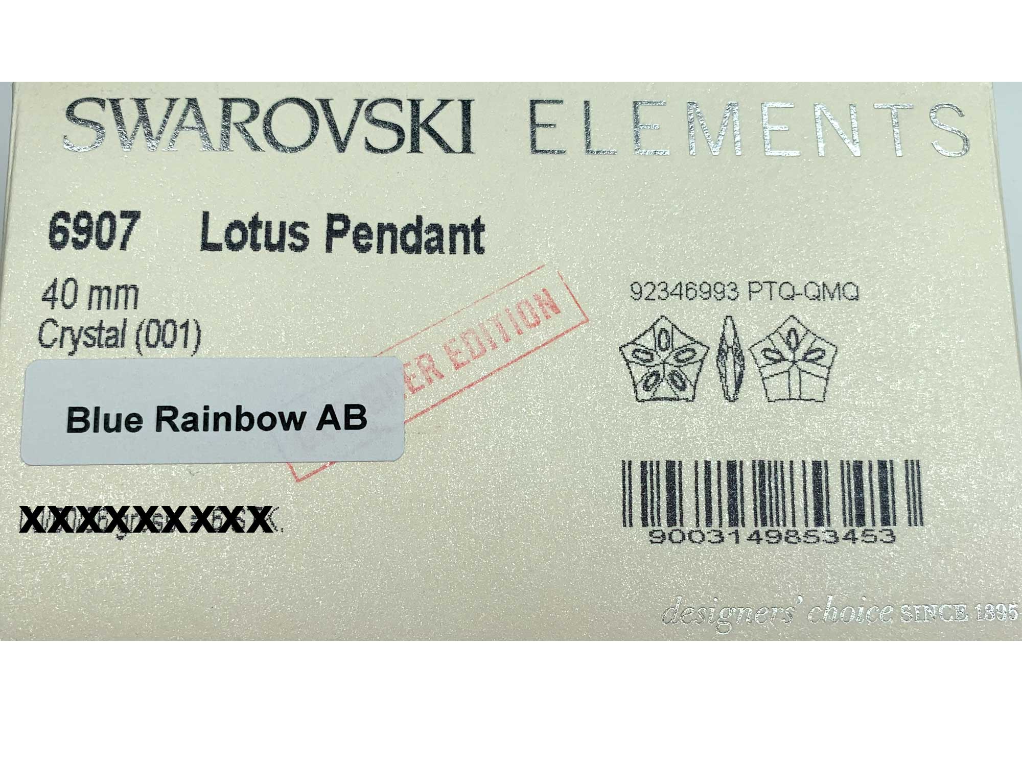 Swarovski Art.# 6907 - Lotus Pendant 40mm Crystal Blue Rainbow AB custom coated - Designer Edition
