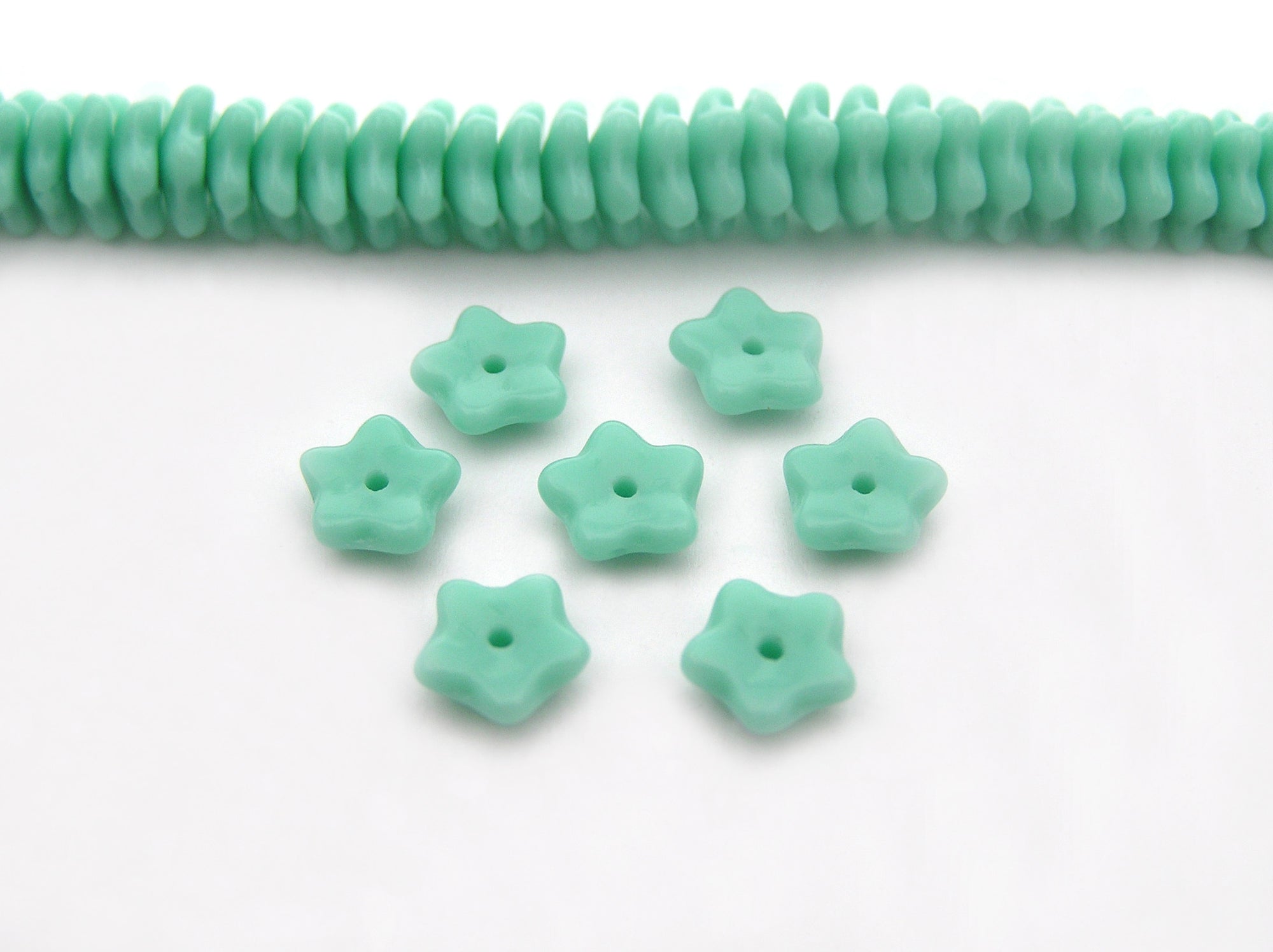 192 Czech glass flat star bead cups 7x3mm Opaque Green (Green Turquoise) color, 16 inch strand