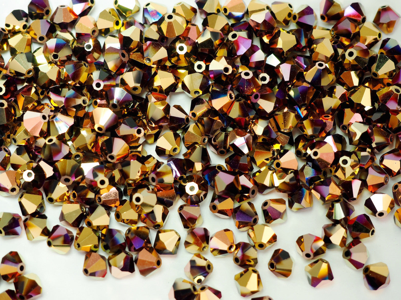 Jet California Pink (Black Aurum Copper), Czech Glass Beads, Machine Cut Bicones (MC Rondell, Diamond Shape), jet black crystals coated with multi pink gold metallic