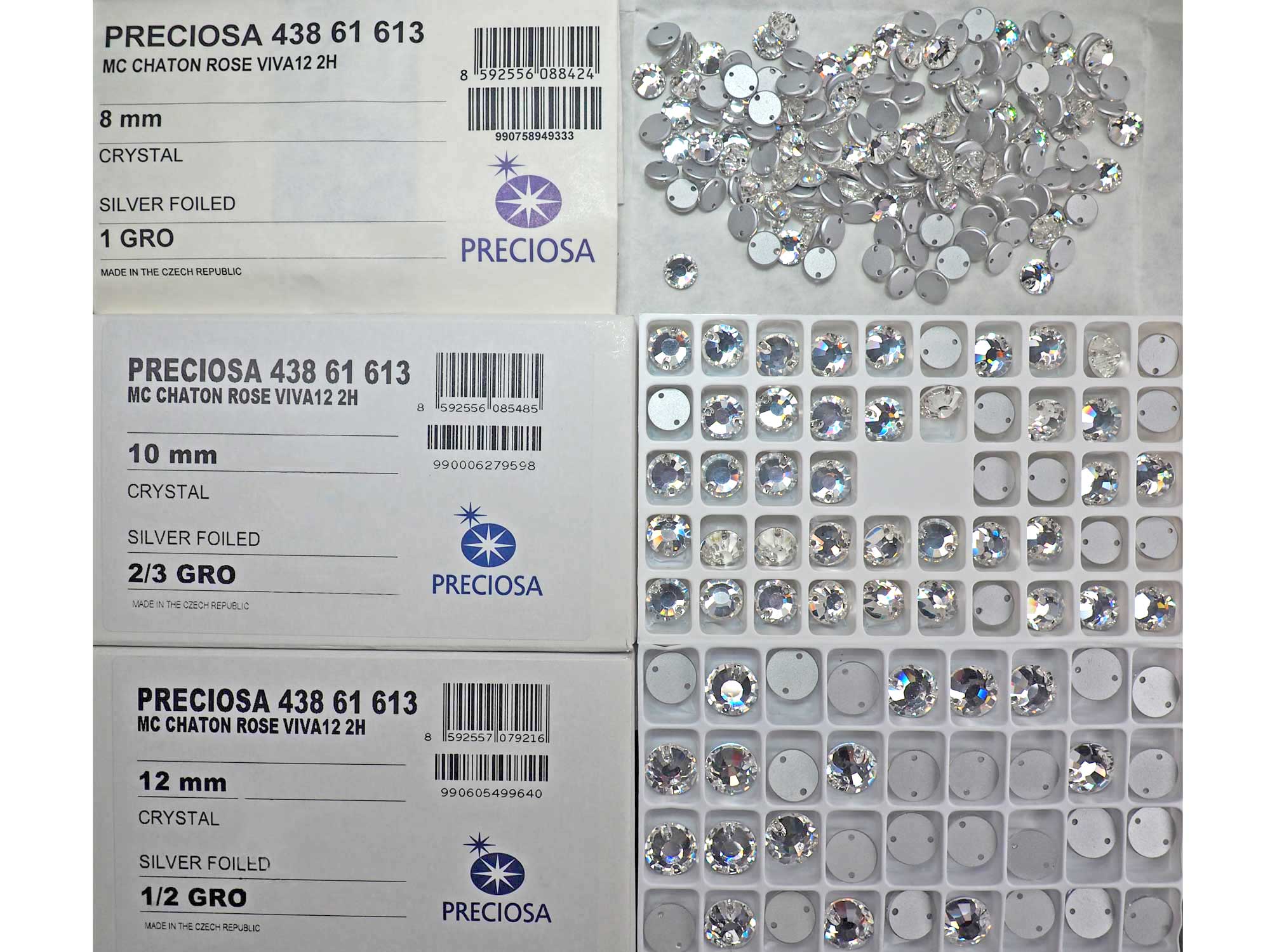 Crystal , Preciosa Czech MC Viva12 2-hole Flatback Sew-on Stones Style #438-61-613 Silver Foiled, sizes 8mm, 10mm and 12mm