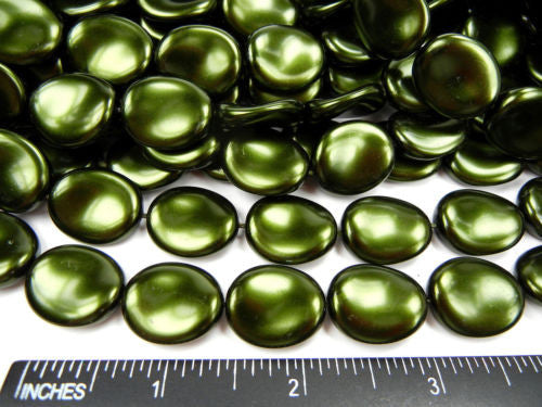 Dark Green Pearl, 30pcs of Preciosa Czech flat curved glass pearls in size 20x17mm, zz 138