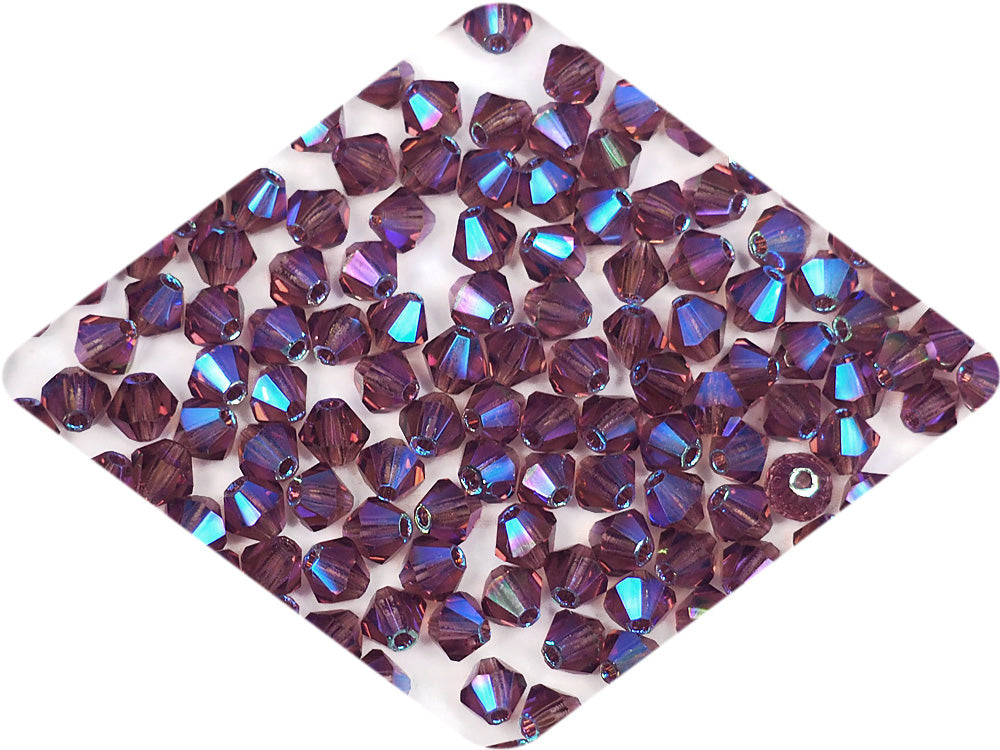 Amethyst full AB (AB2X), Czech Glass Beads, Machine Cut Bicones (MC Rondell, Diamond Shape), purple crystals double-coated with Aurora Borealis