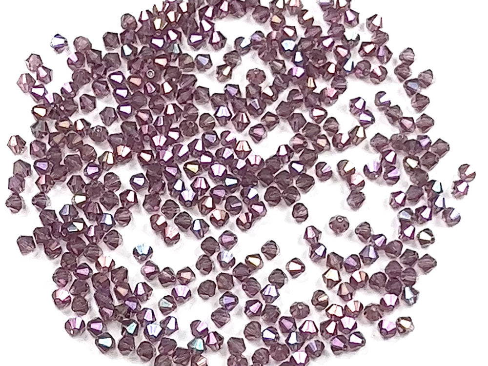 Amethyst Purple Iris coated, Czech Glass Beads, Machine Cut Bicones (MC Rondell, Diamond Shape), purple crystals coated with Purple Iris, size 4mm, 360pcs