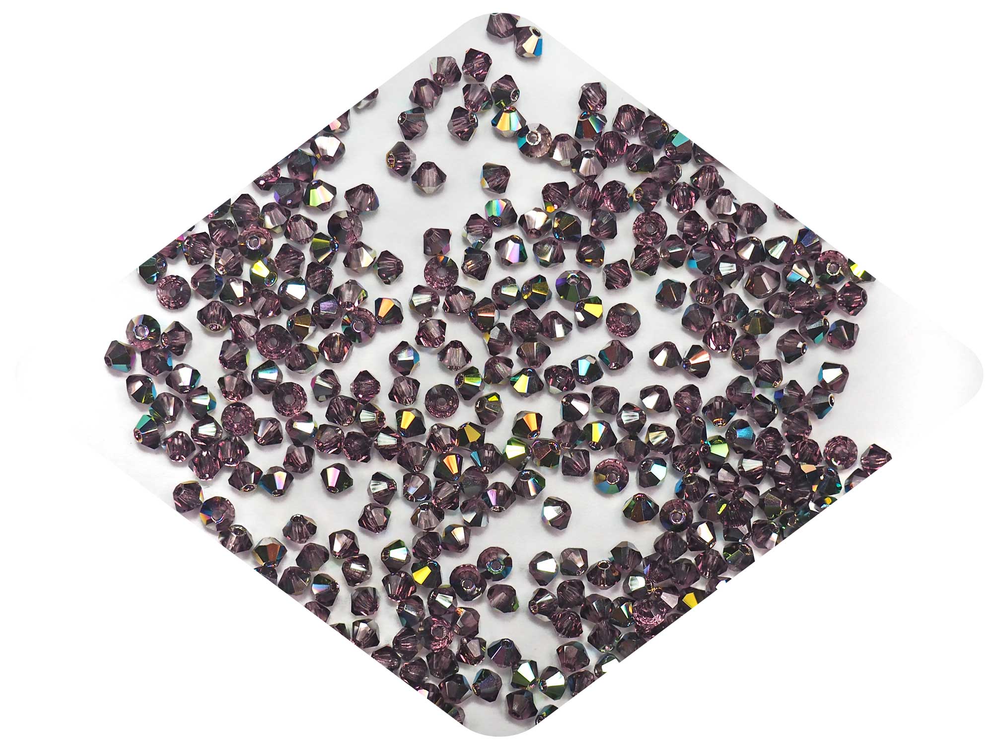 Amethyst Vitrail, Czech Glass Beads, Machine Cut Bicones (MC Rondell, Diamond Shape), purple crystals coated with green vitrail medium