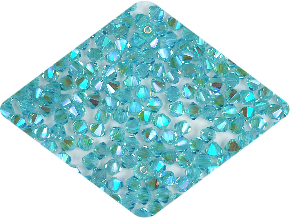 Aqua full AB (AB2X), Czech Glass Beads, Machine Cut Bicones (MC Rondell, Diamond Shape), blue Aquamarine crystals double-coated with Aurora Borealis