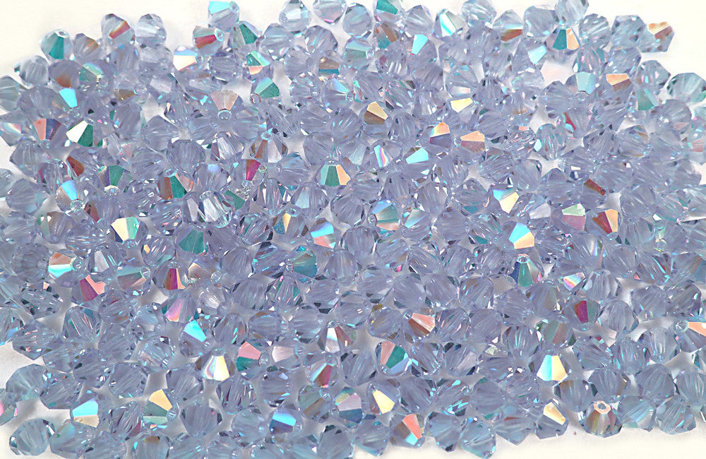 Alexandrite AB, Czech Glass Beads, Machine Cut Bicones (MC Rondell, Diamond Shape), pale blue to violet changing color crystals coated with Aurora Borealis