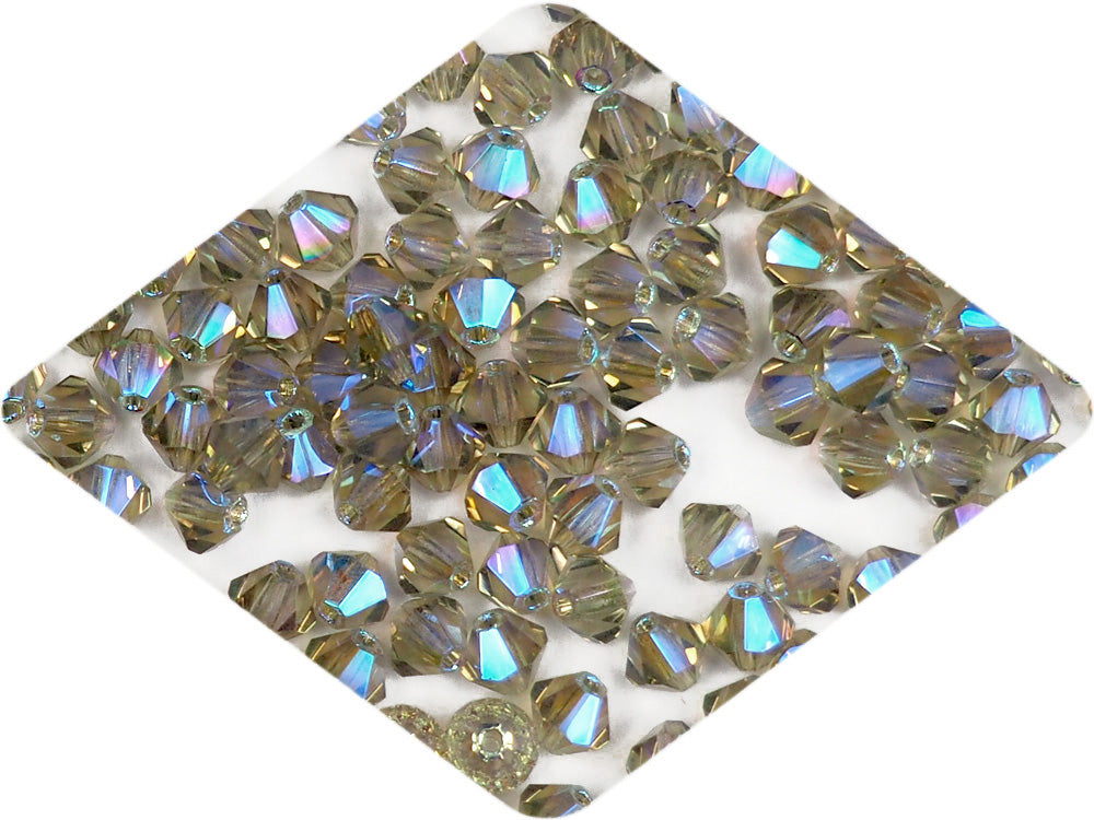 Black Diamond full AB (AB2X), Czech Glass Beads, Machine Cut Bicones (MC Rondell, Diamond Shape), grey crystals double-coated with Aurora Borealis