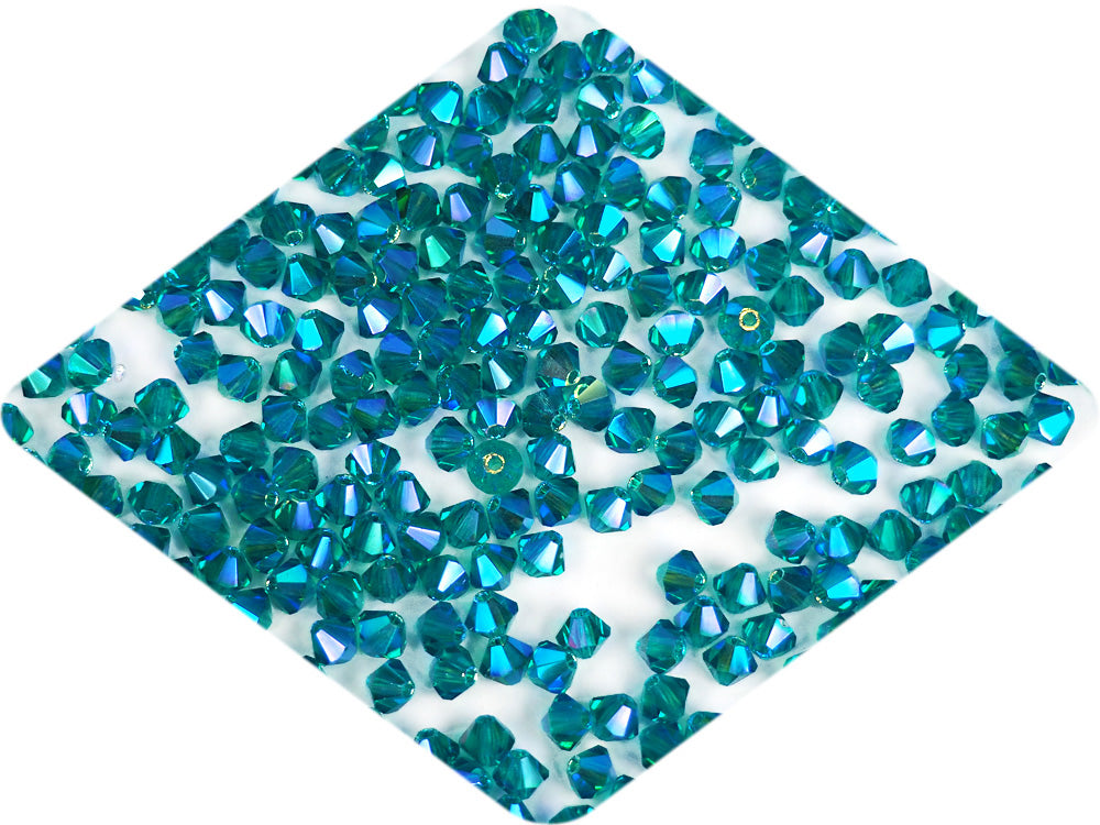 Blue Zircon full AB (AB2X), Czech Glass Beads, Machine Cut Bicones (MC Rondell, Diamond Shape), green crystals double-coated with Aurora Borealis
