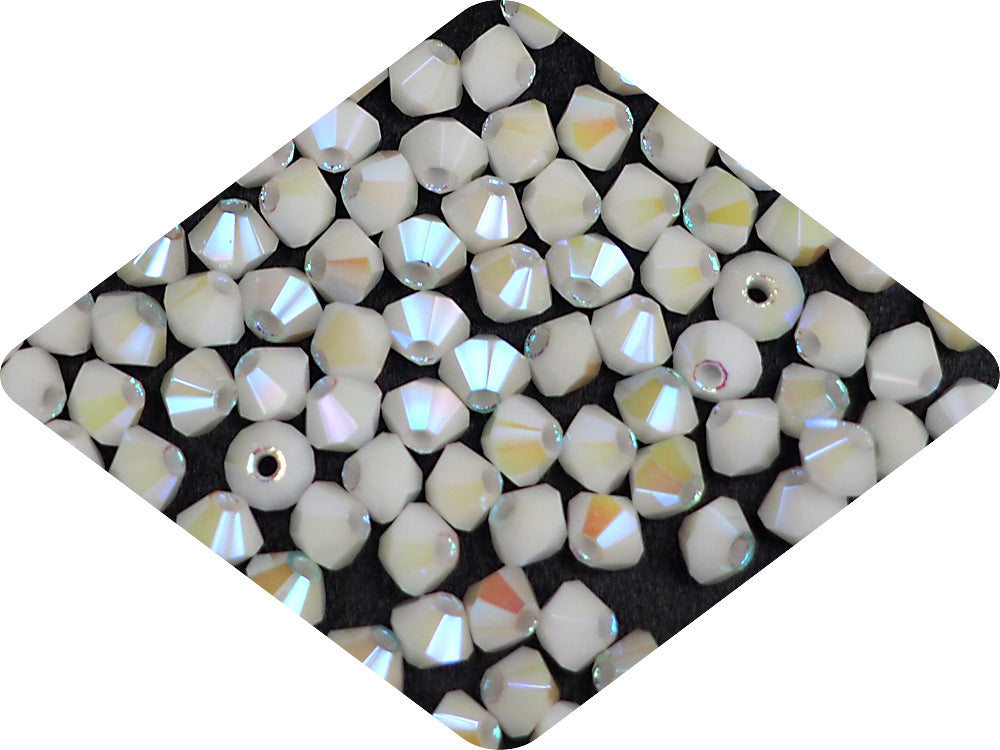 Chalk White full AB (AB2X), Czech Glass Beads, Machine Cut Bicones (MC Rondell, Diamond Shape), opaque chalkwhite crystals double-coated with Aurora Borealis