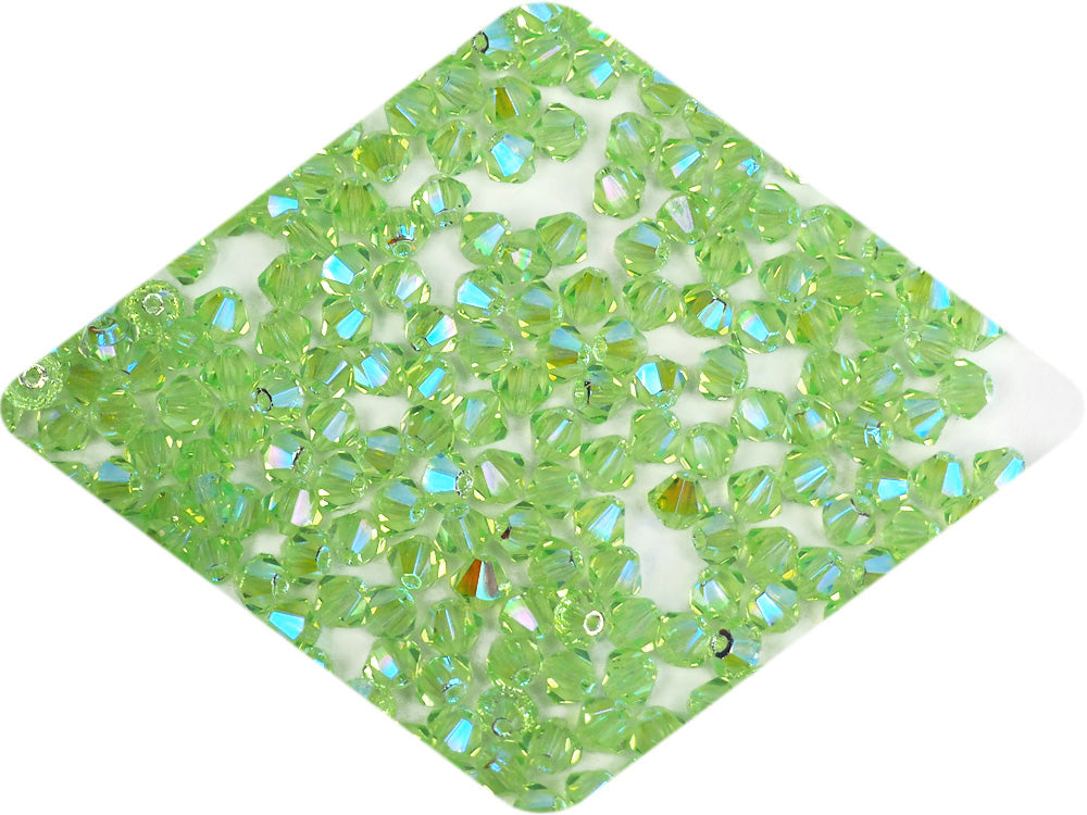 Chrysolite full AB (AB2X), Czech Glass Beads, Machine Cut Bicones (MC Rondell, Diamond Shape), light green crystals double-coated with Aurora Borealis