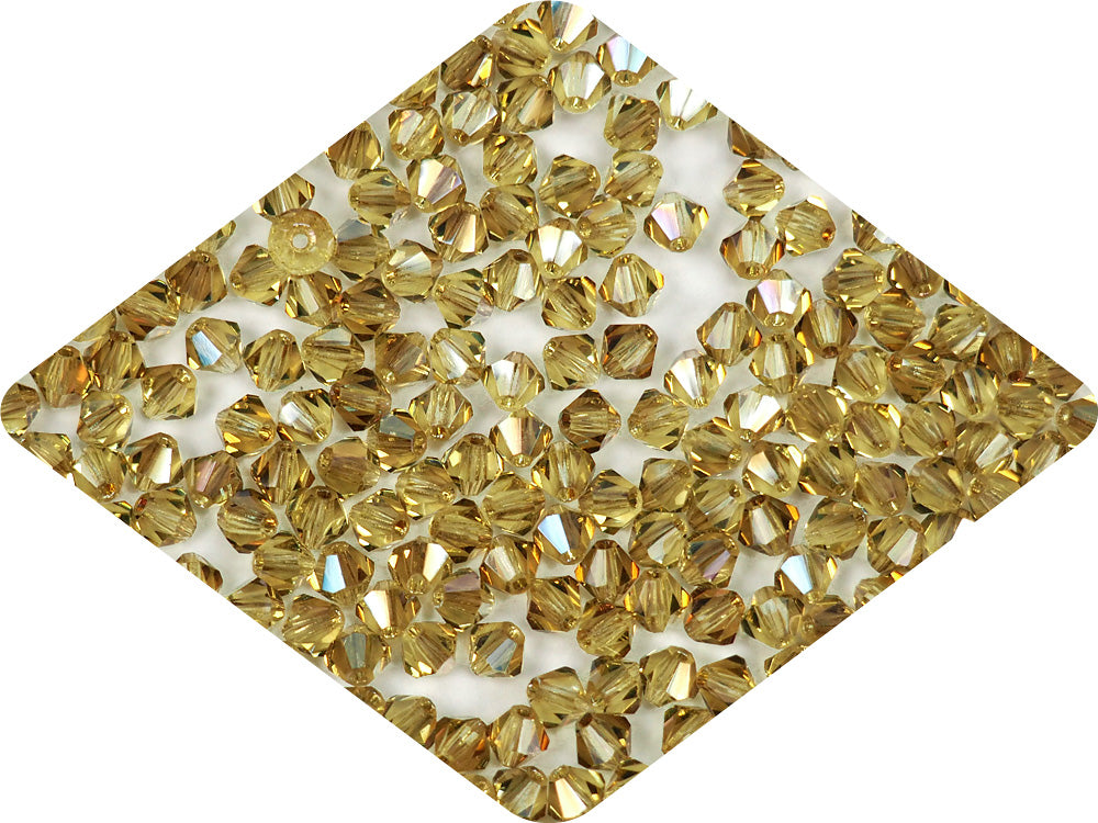 Citrine Celsian coated, Czech Glass Beads, Machine Cut Bicones (MC Rondell, Diamond Shape), yellow crystals coated with metallic celsianite