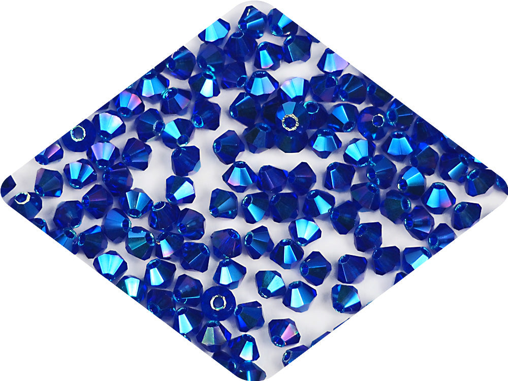Cobalt Blue full AB (AB2X), Czech Glass Beads, Machine Cut Bicones (MC Rondell, Diamond Shape), navy blue crystals double-coated with Aurora Borealis