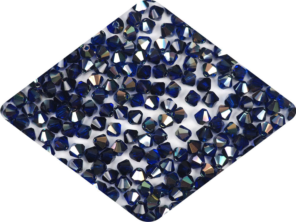 Cobalt Blue Celsian coated, Czech Glass Beads, Machine Cut Bicones (MC Rondell, Diamond Shape), navy blue crystals coated with metallic celsianite, 4mm, 36pcs