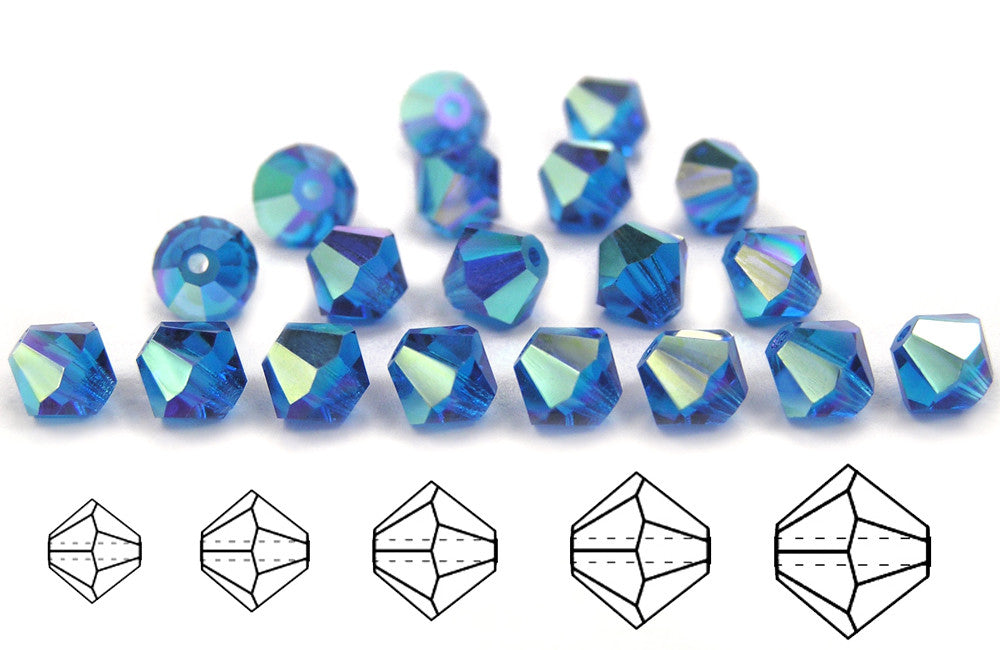 Capri Blue AB, Czech Glass Beads, Machine Cut Bicones (MC Rondell, Diamond Shape), rich blue crystals coated with Aurora Borealis