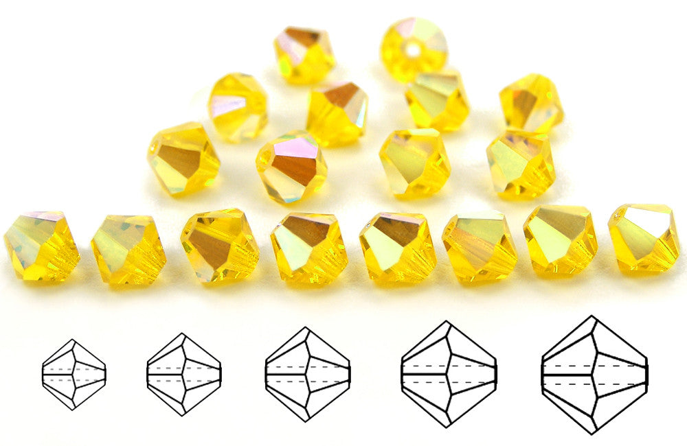 Citrine AB, Czech Glass Beads, Machine Cut Bicones (MC Rondell, Diamond Shape), deep yellow crystals coated with Aurora Borealis