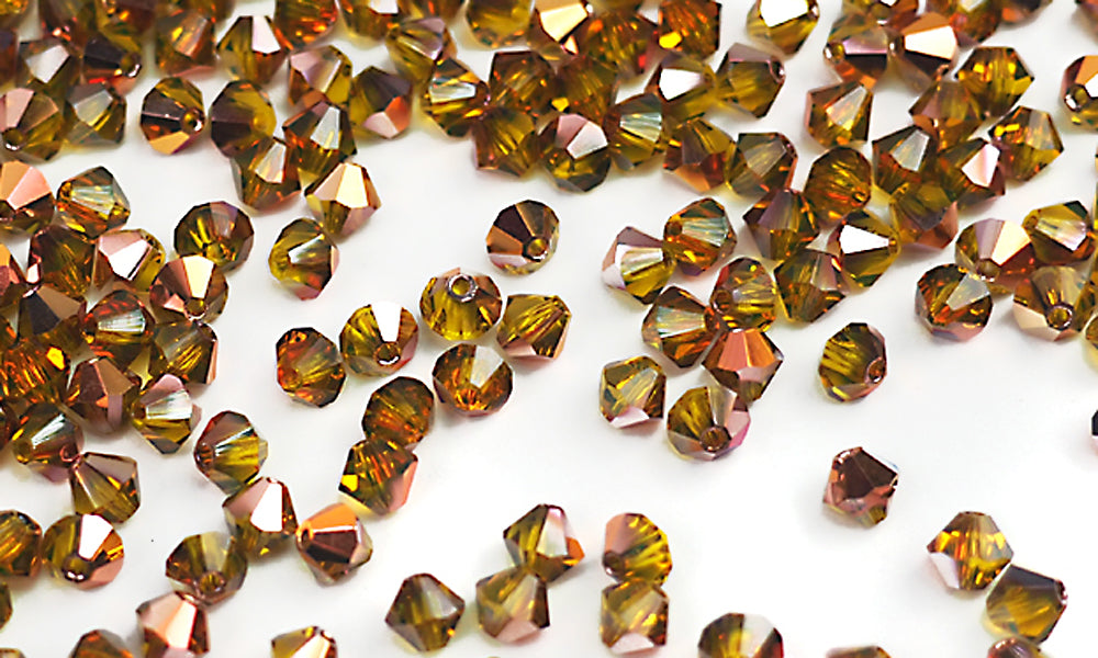Citrine Santander coated Czech Glass Beads, Machine Cut Bicones (MC Rondell, Diamond Shape), rich yellow crystals multi coated