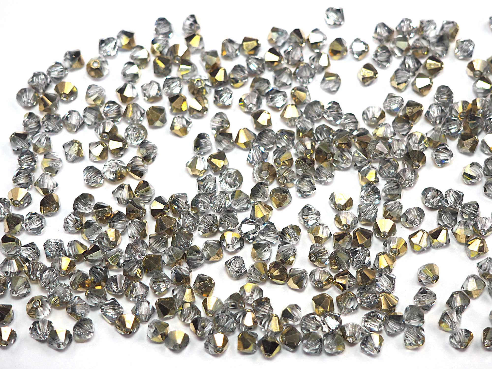 Crystal Aureate 1-sided Half coat, Czech Glass Beads, Machine Cut Bicones (MC Rondell, Diamond Shape), clear crystals half coated with apollo aurum gold