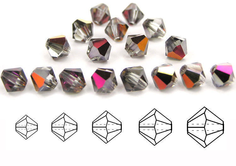 Crystal Santander coated, Czech Glass Beads, Machine Cut Bicones (MC Rondell, Diamond Shape), clear crystals half coated with multi metallic color