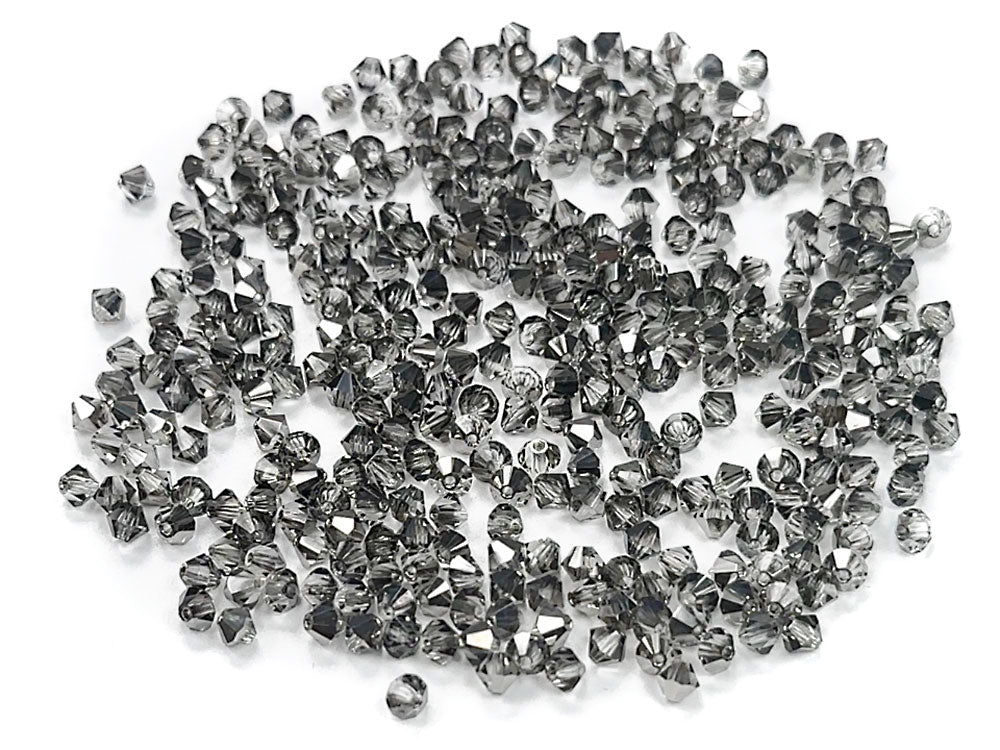 Crystal Steel (Platinum) half coated, Czech Glass Beads, Machine Cut Bicones (MC Rondell, Diamond Shape), clear crystal coated with silver grey metallic
