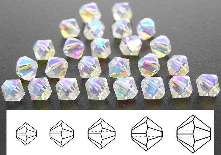 Crystal Light AB2X fully coated Czech Glass Beads Machine Cut Bicones MC Rondell Diamond Shape clear crystals double coated with light Aurora Boreale 4mm 5mm 6mm