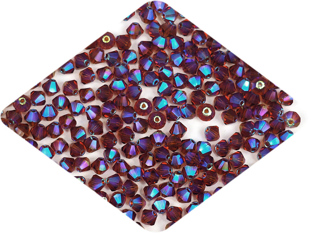 Dark Topaz full AB (AB2X), Czech Glass Beads, Machine Cut Bicones (MC Rondell, Diamond Shape), brown crystals double-coated with Aurora Borealis