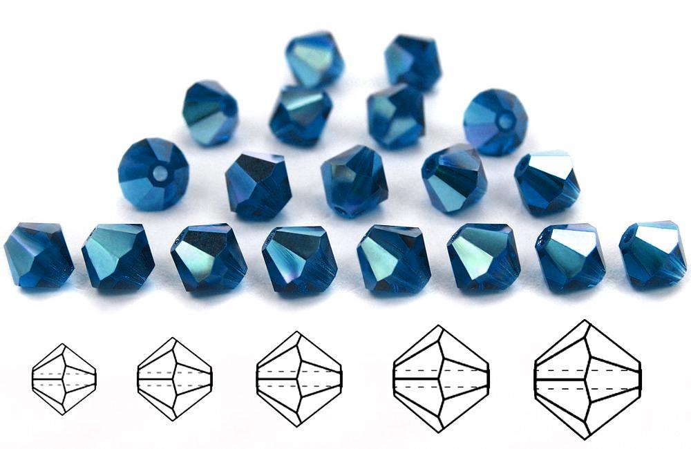 Dark Aqua AB, Czech Glass Beads, Machine Cut Bicones (MC Rondell, Diamond Shape), deep blue crystals coated with Aurora Borealis