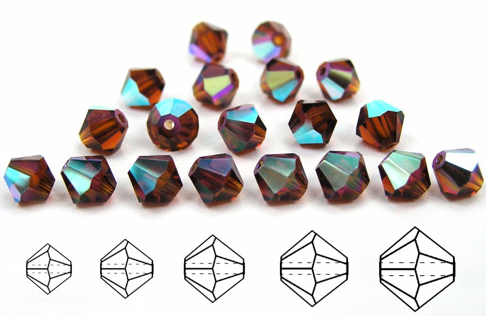 Dark Topaz AB, Czech Glass Beads, Machine Cut Bicones (MC Rondell, Diamond Shape), deep brown crystals coated with Aurora Borealis