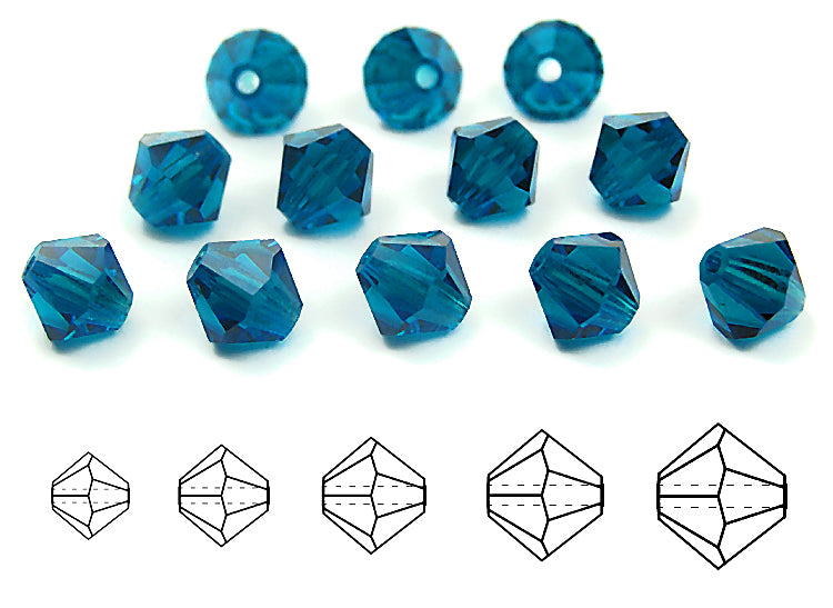 Dark Aqua, Czech Glass Beads, Machine Cut Bicones (MC Rondell, Diamond Shape), deep blue crystals