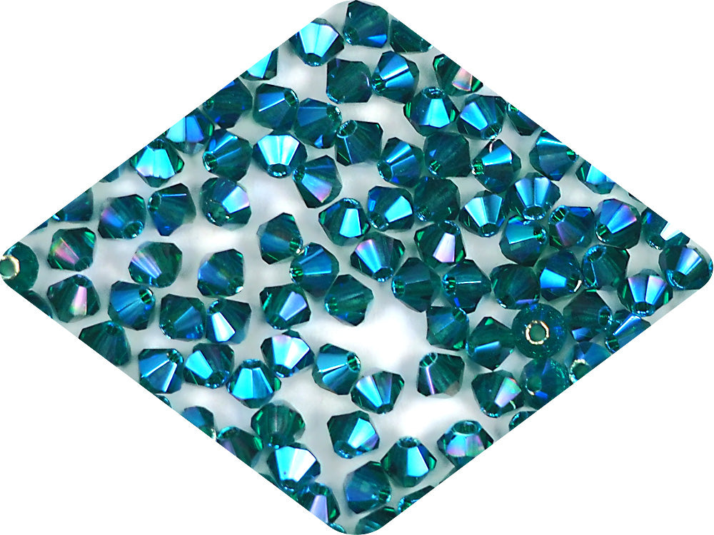Emerald full AB (AB2X), Czech Glass Beads, Machine Cut Bicones (MC Rondell, Diamond Shape), dark green crystals double-coated with Aurora Borealis
