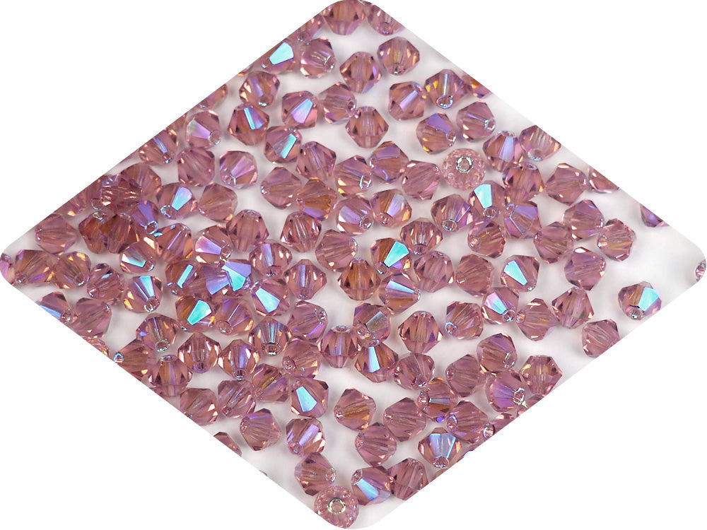 French Rose full AB (AB2X), Czech Glass Beads, Machine Cut Bicones (MC Rondell, Diamond Shape), vintage pink crystals double-coated with Aurora Borealis
