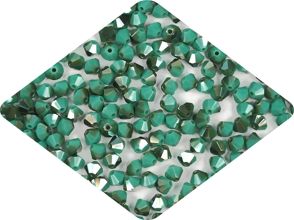 Green Turquoise Celsian coated, Czech Glass Beads, Machine Cut Bicones (MC Rondell, Diamond Shape), opaque green crystals coated with metallic celsianite