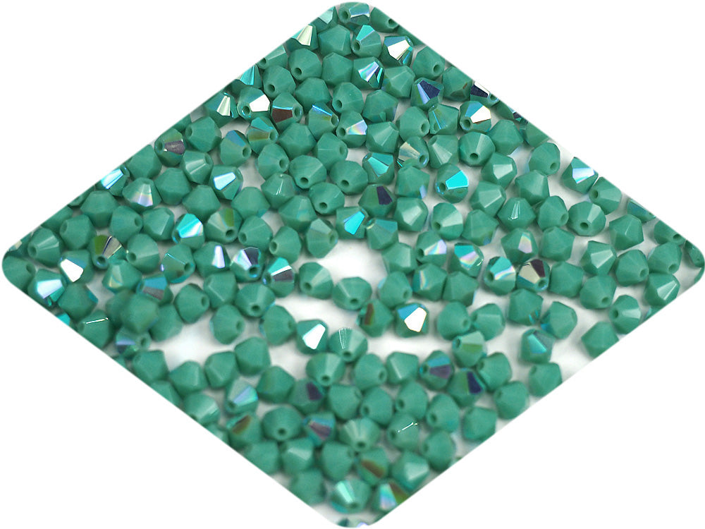 Green Turquoise AB Czech Glass Beads Machine Cut Bicones (MC Rondell Diamond Shape) opaque green crystals coated with Aurora Borealis 4mm