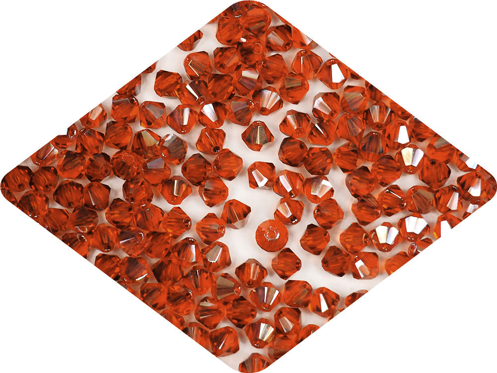 Hyacinth Celsian coated, Czech Glass Beads, Machine Cut Bicones (MC Rondell, Diamond Shape), orange crystals coated with metallic celsianite