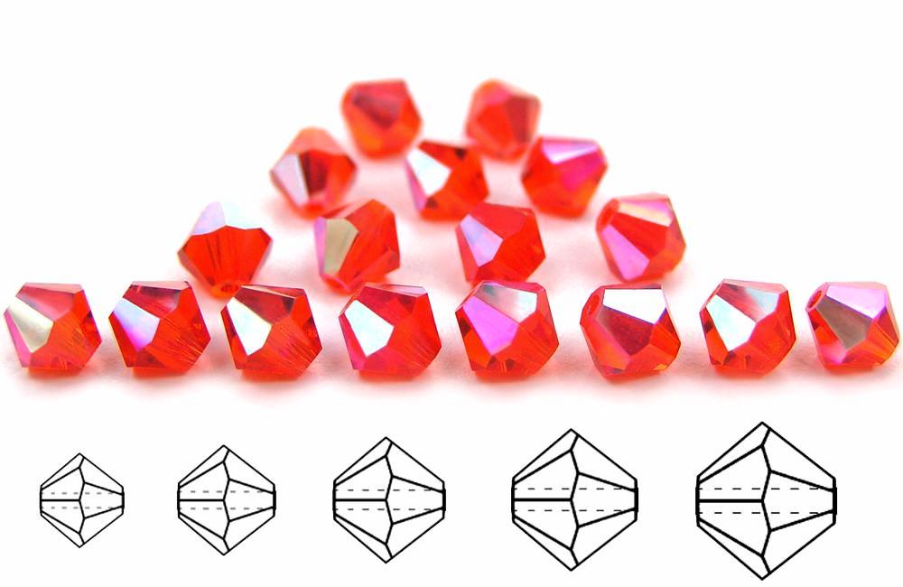 Hyacinth AB, Czech Glass Beads, Machine Cut Bicones (MC Rondell, Diamond Shape), rich orange crystals coated with Aurora Borealis