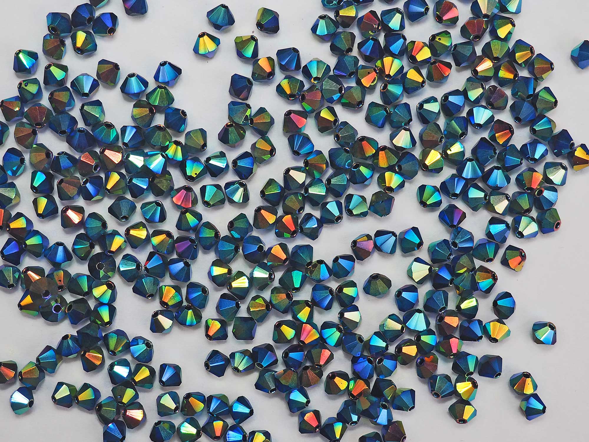 Jet Marvel-AB, Czech Glass Beads, Machine Cut Bicones (MC Rondell, Diamond Shape), black crystals coated with RICH Aurora Borealis