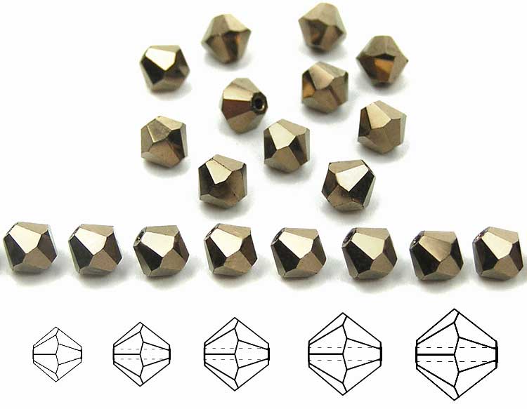 Jet Gold Bronze (Antique Bronze), Czech Glass Beads, Machine Cut Bicones (MC Rondell, Diamond Shape), jet black crystals fully coated with gold bronze metallic, 6mm