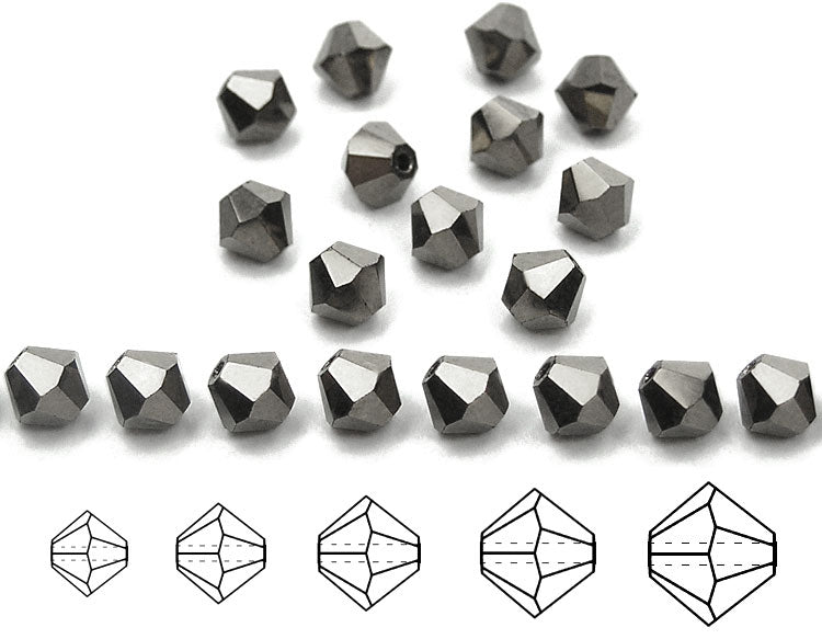 Jet Hematite Light (Labrador Dark), Czech Glass Beads, Machine Cut Bicones (MC Rondell, Diamond Shape), jet black crystals fully coated with silver hematite metallic, 5mm, 144pcs