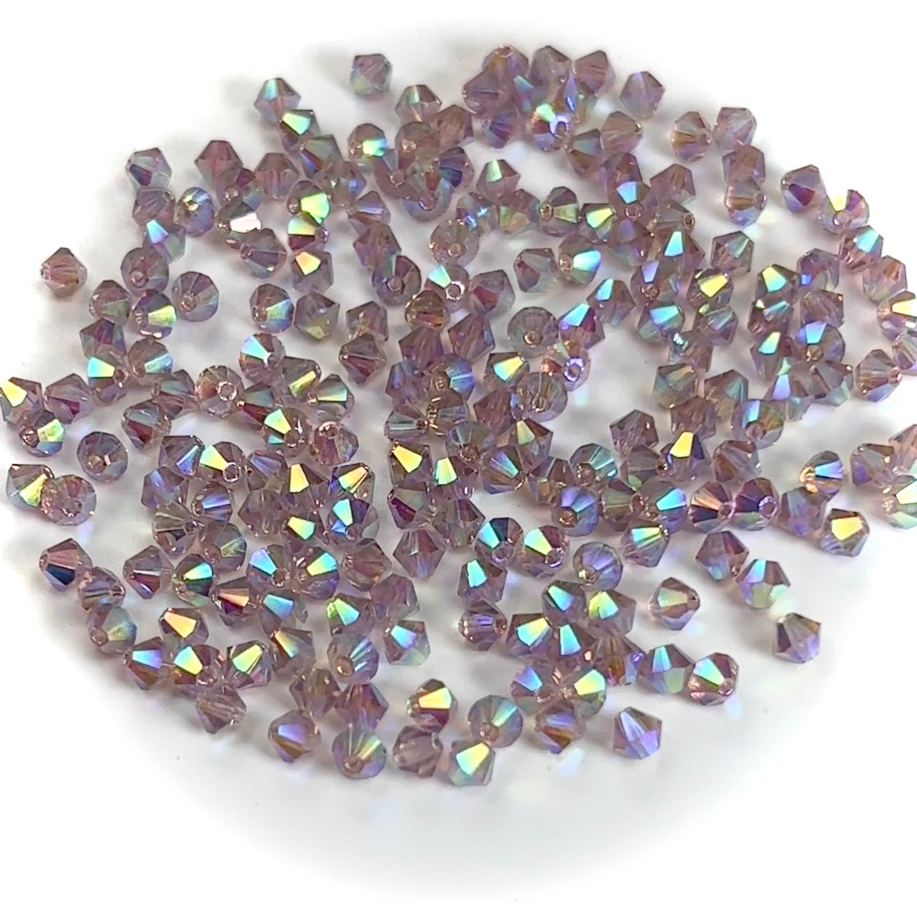 Light Amethyst Marvel-AB, Czech Glass Beads, Machine Cut Bicones (MC Rondell, Diamond Shape), light purple crystals coated with RICH Aurora Borealis