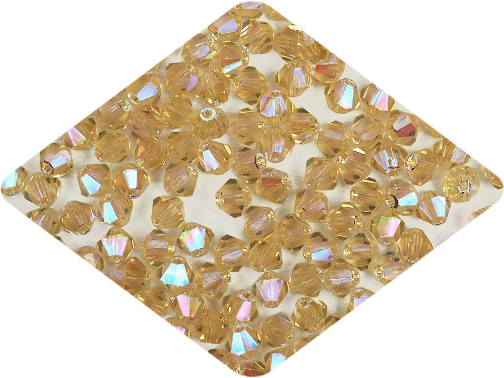 Light Colorado Topaz full AB (AB2X), Czech Glass Beads, Machine Cut Bicones (MC Rondell, Diamond Shape), light golden brown crystals double-coated with Aurora Borealis