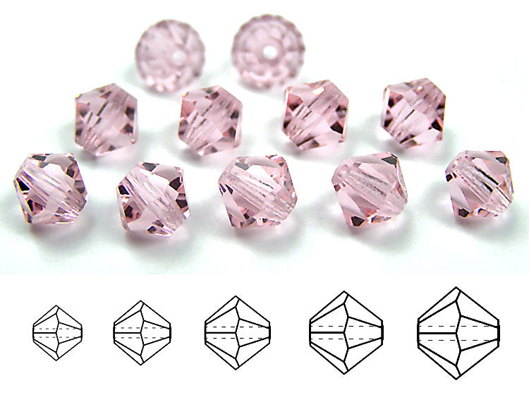 Light Rose, Czech Glass Beads, Machine Cut Bicones (MC Rondell, Diamond Shape), light pink crystals