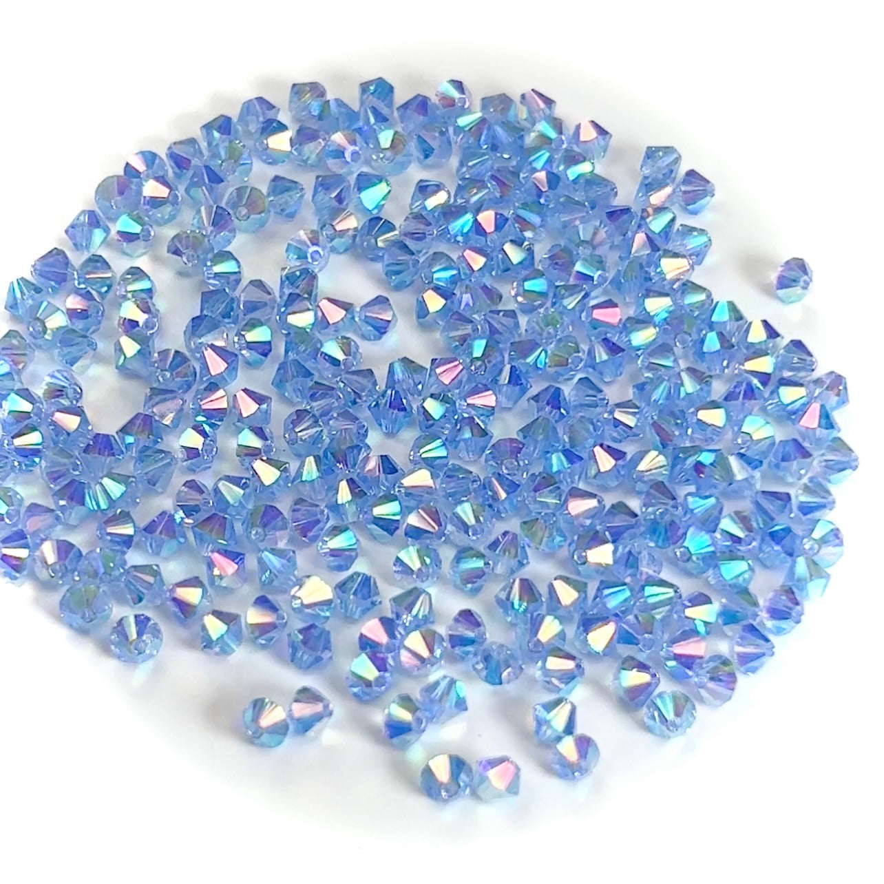 Light Sapphire Marvel-AB, Czech Glass Beads, Machine Cut Bicones (MC Rondell, Diamond Shape), light blue crystals coated with RICH Aurora Borealis