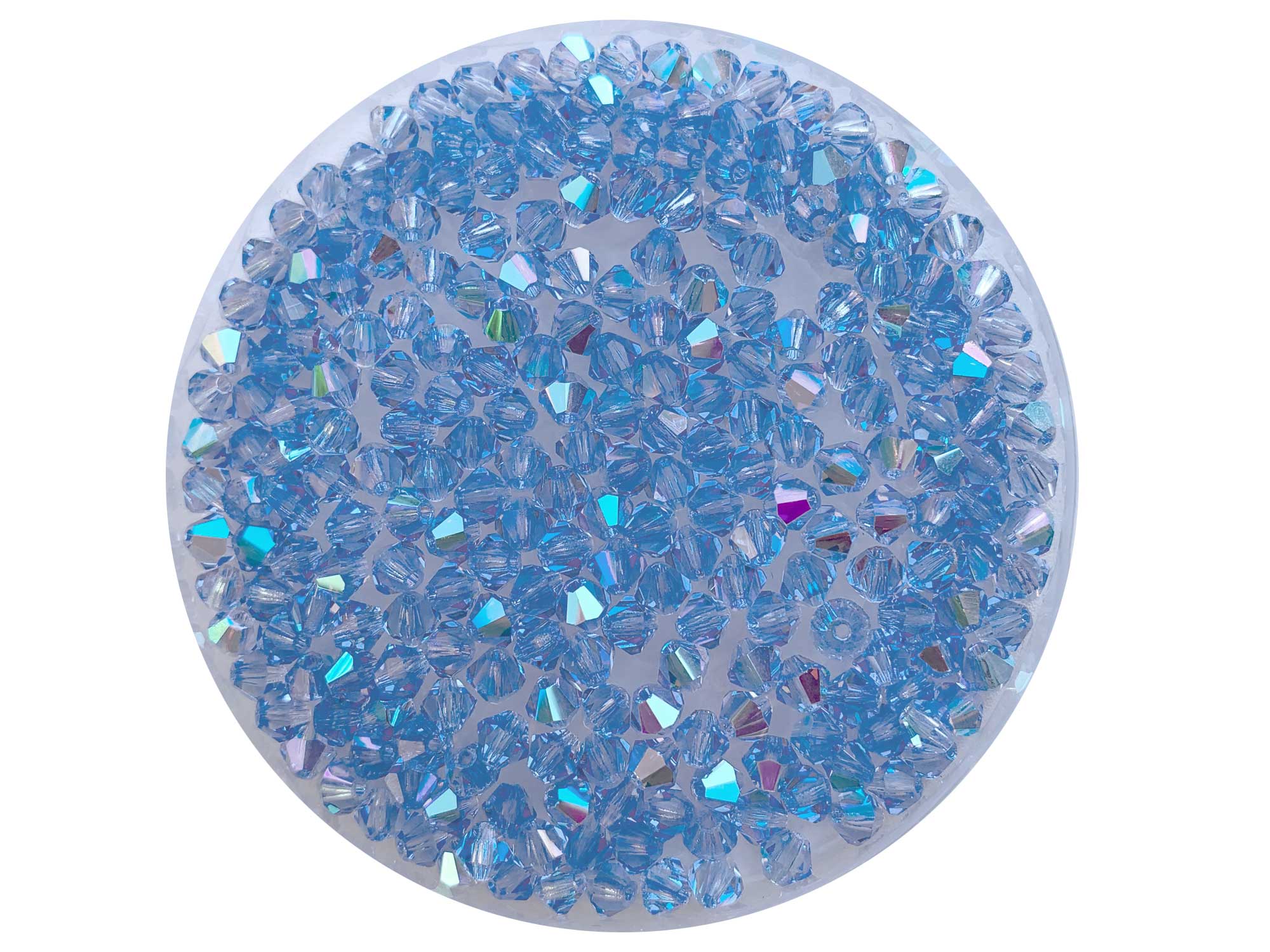 Light Sapphire AB, Czech Glass Beads, Machine Cut Bicones (MC Rondell, Diamond Shape), light blue crystals coated with Aurora Borealis