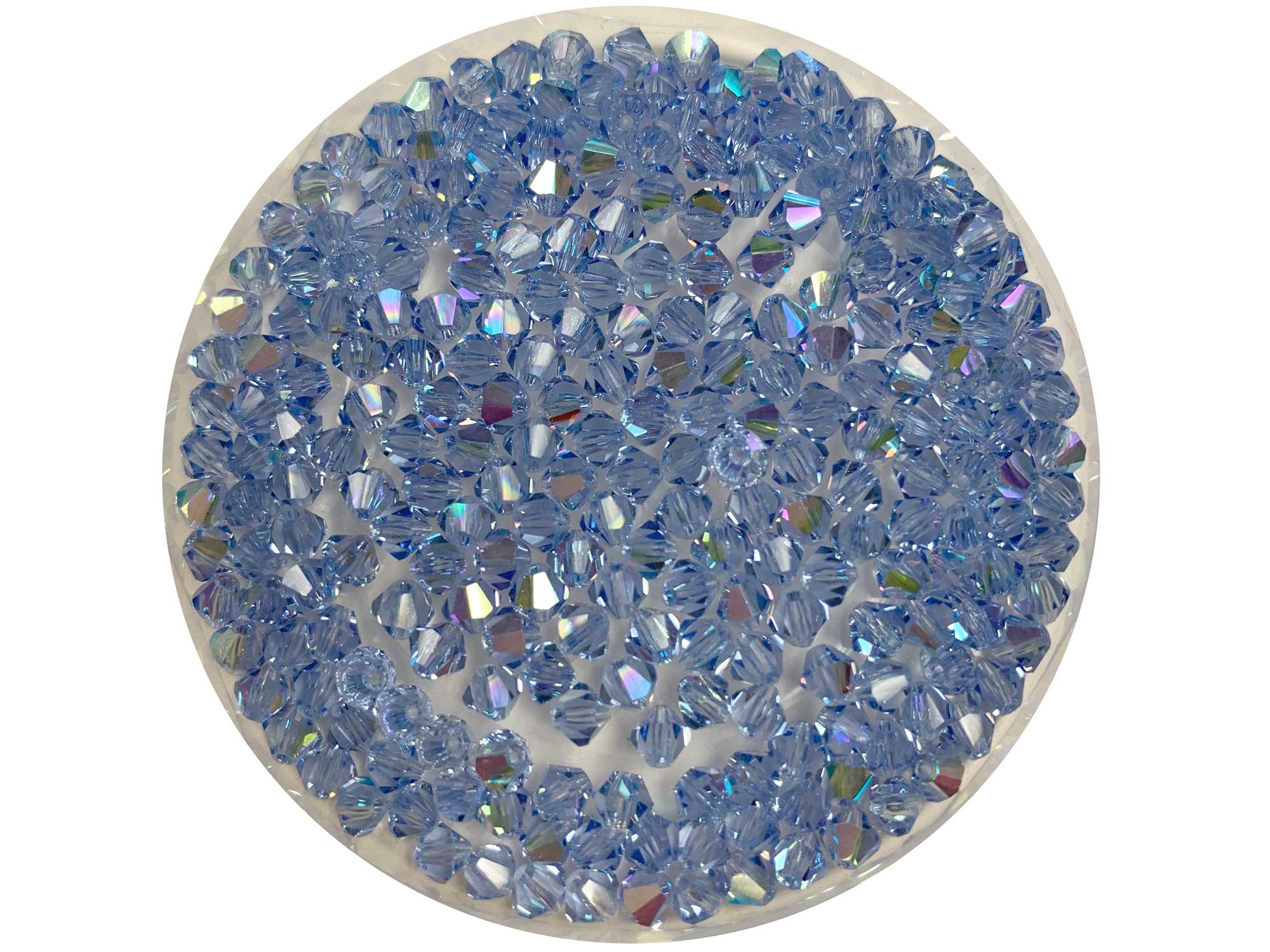 Light Sapphire AB, Czech Glass Beads, Machine Cut Bicones (MC Rondell, Diamond Shape), light blue crystals coated with Aurora Borealis