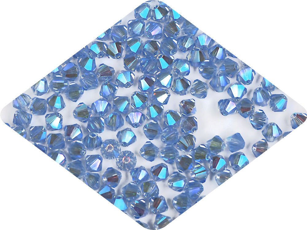Light Sapphire full AB (AB2X), Czech Glass Beads, Machine Cut Bicones (MC Rondell, Diamond Shape), light blue crystals double-coated with Aurora Borealis